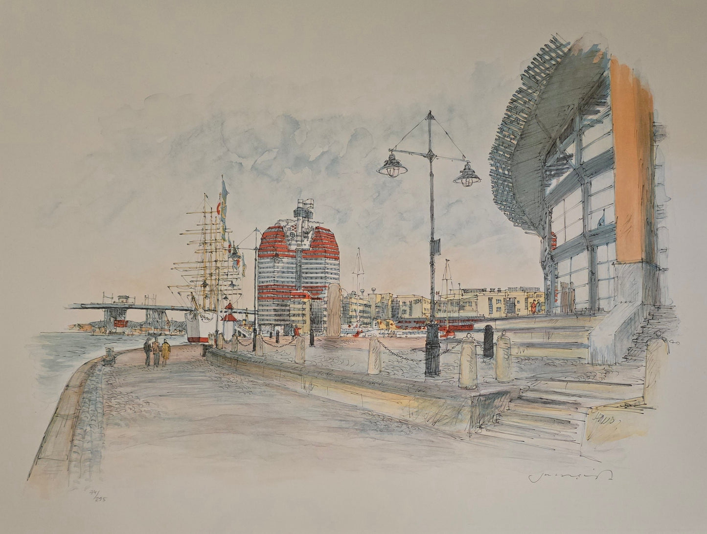Jan Lundqvist, lito, Göteborg hamn, 70 x 50 cm