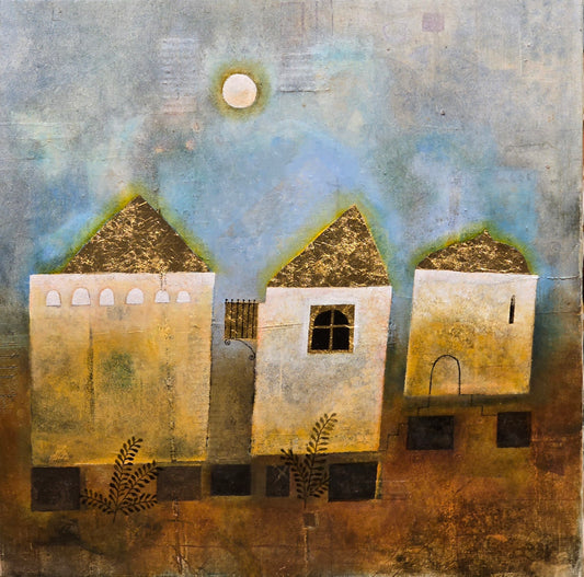 Mathias Saving, painting, Village, 46 x 46 cm