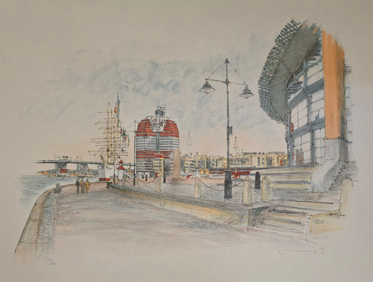 Jan Lundqvist, lito, Göteborg hamn, 70 x 50 cm